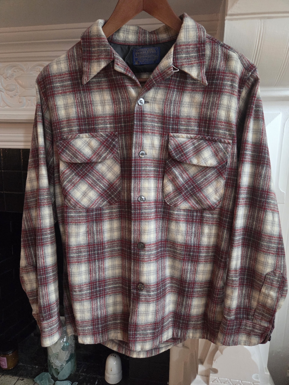 VTG Pendleton Plaid Wool Board Shirt Flap Pocket Loop Collar Red Gray - Medium M